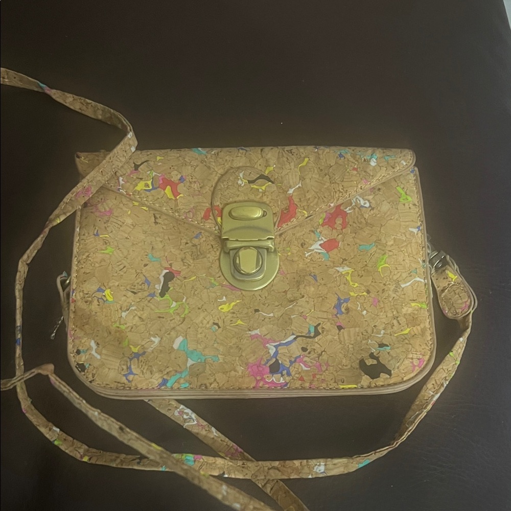 Street Level Tan Crossbody Bag with Colorful Accents boutique cork feel